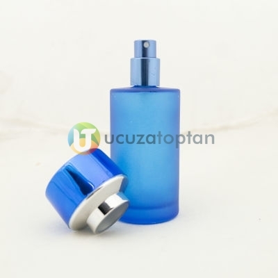 Mavi Renk Kavuk Kapaklı 50 cc Silindir Cam Parfüm Şişesi 1 Koli 120 Adet